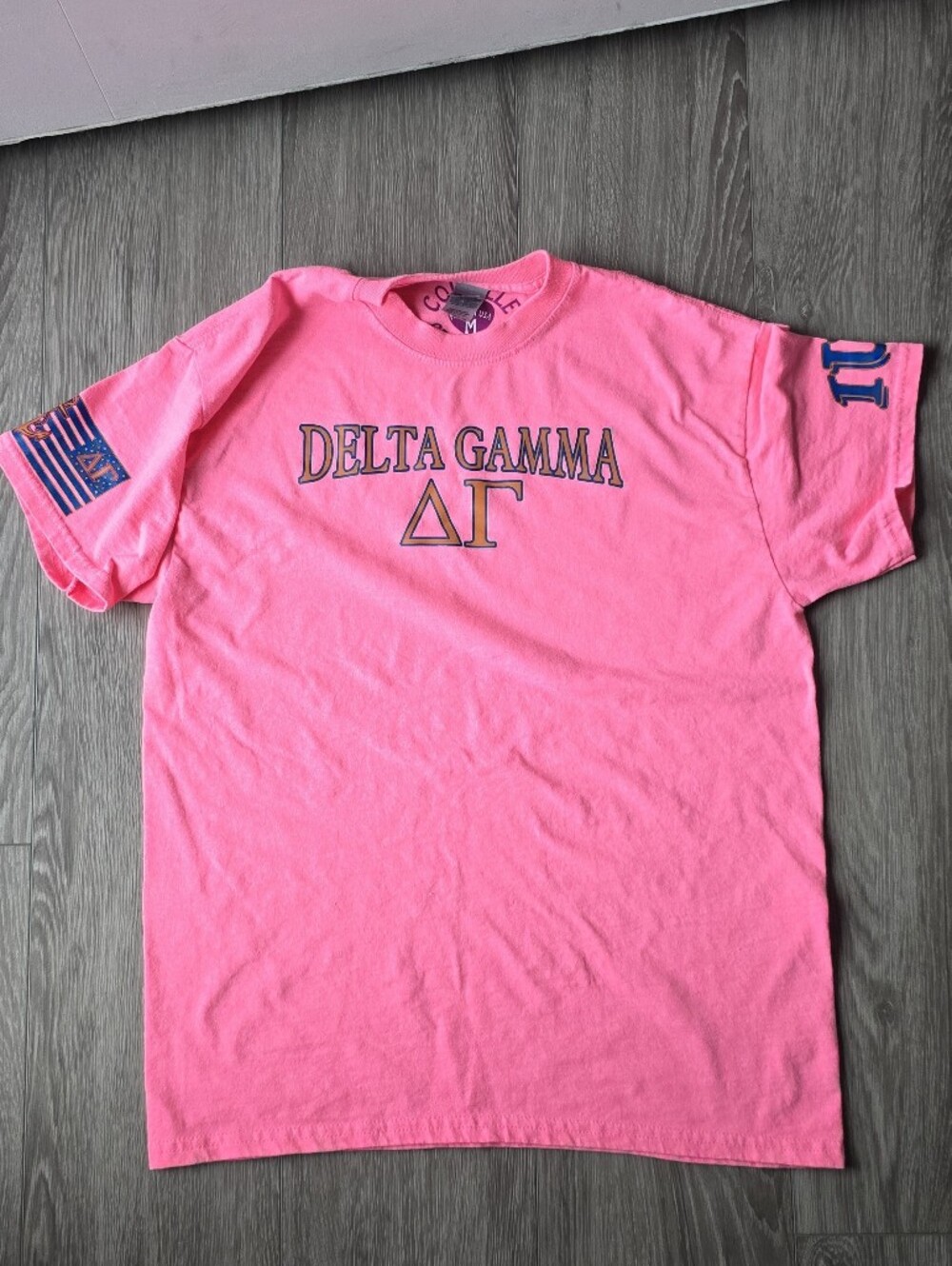 Delta Gamma Sorority Neon Pink Tee Anchor Flag Sleeve Gildan M